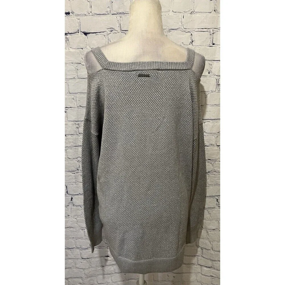 EUC $88 Michael Kors Pearl Heather Cold Shoulder LS Sweater Silver/Gray Size L
